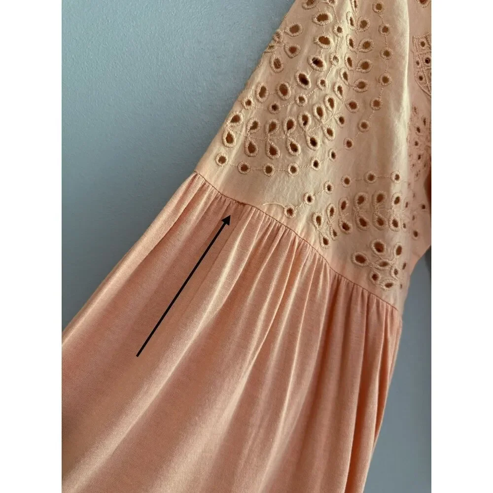 Free People Sea Of Love Tunic Top Peach Eyelet Bell Sleeve Blouse Boho Sequin Lg